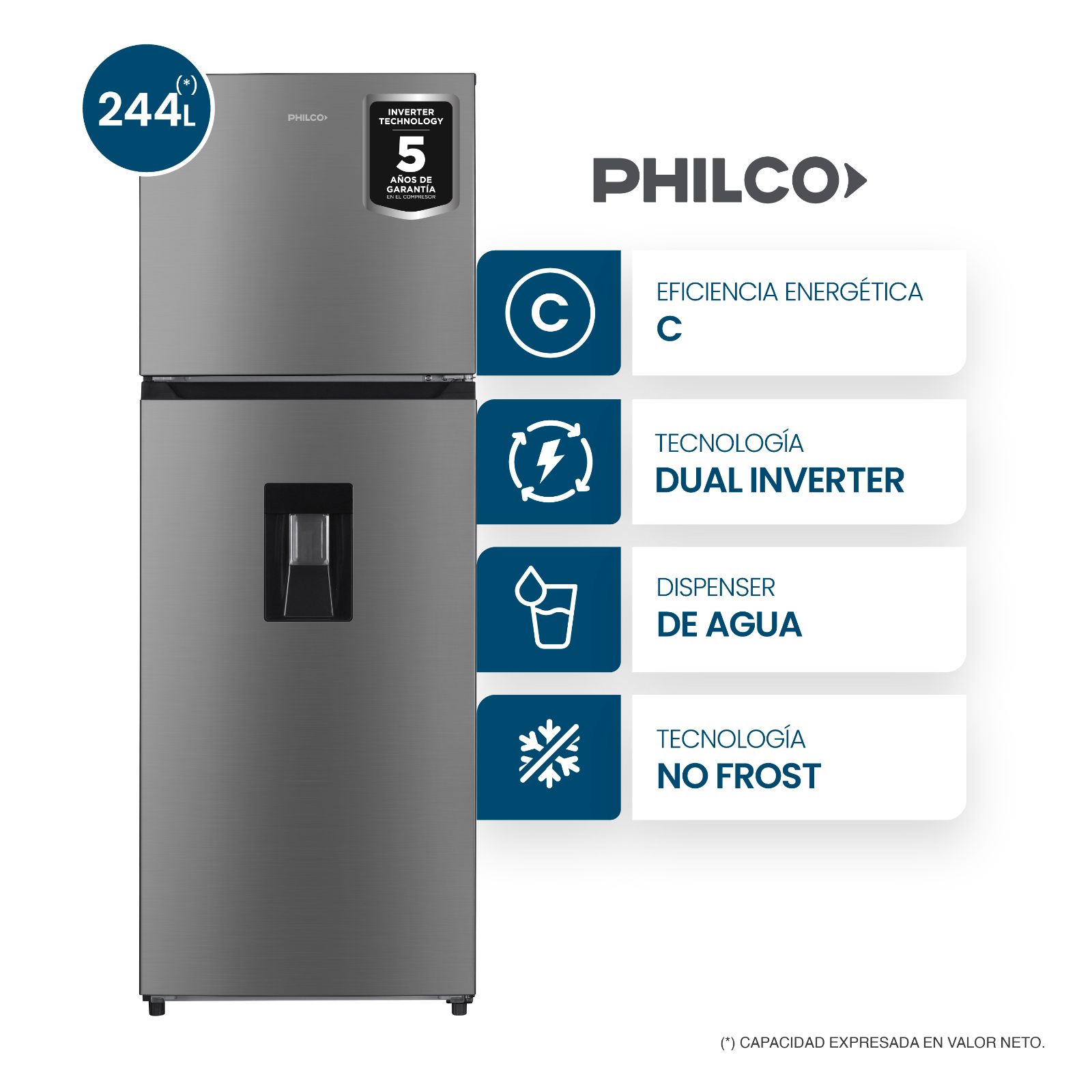 HELADERA TOP MOUNT NO FROST INVERTER 267 LITROS INOX CON DISPENSER - NPHNT267XDI