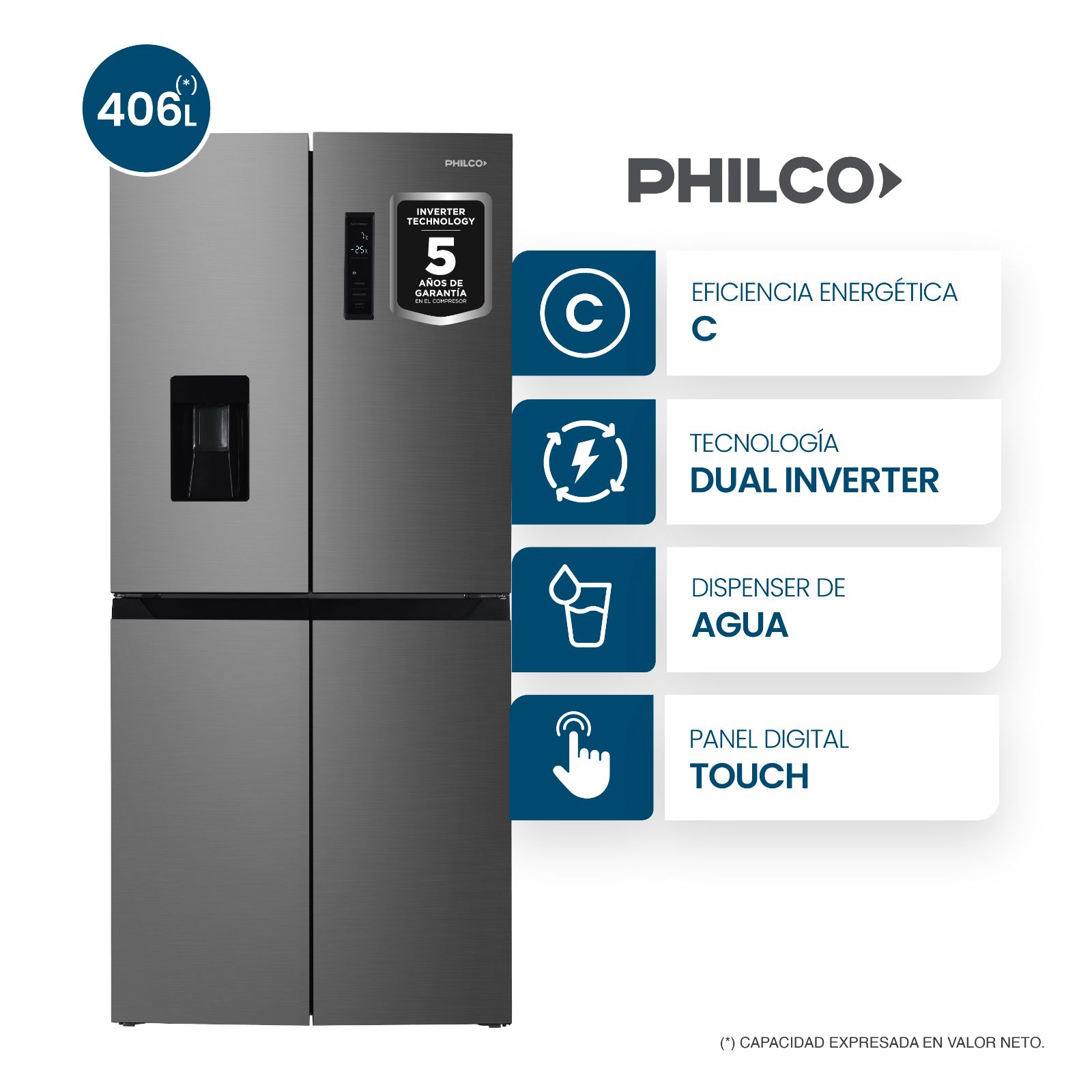 HELADERA MULTIDOOR 462L NETA DISPENSER INVERTER INOX - NPHSM462XDI