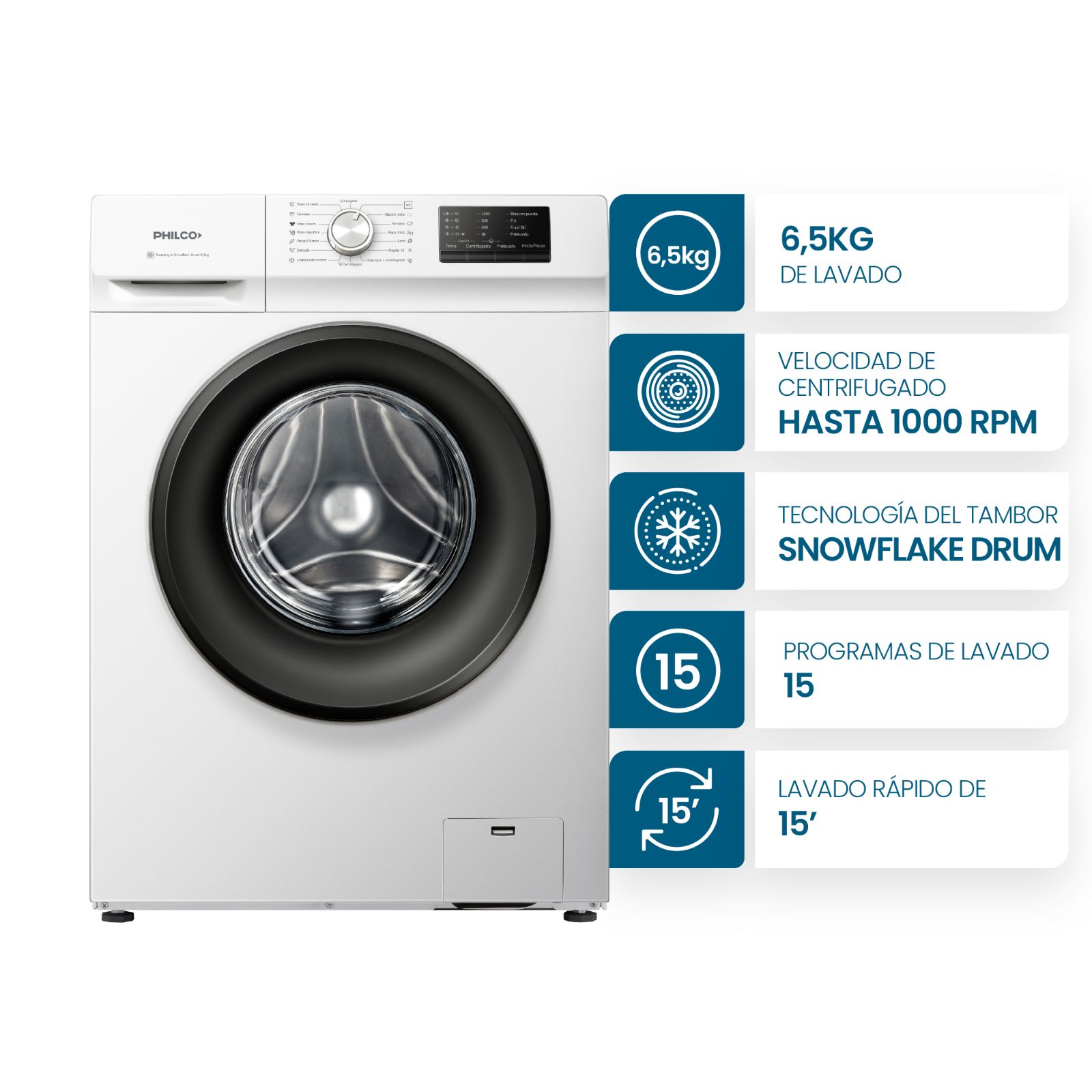 LAVARROPAS CARGA FRONTAL 6,5KG PHILCO - BLANCO PHLF6510B2
