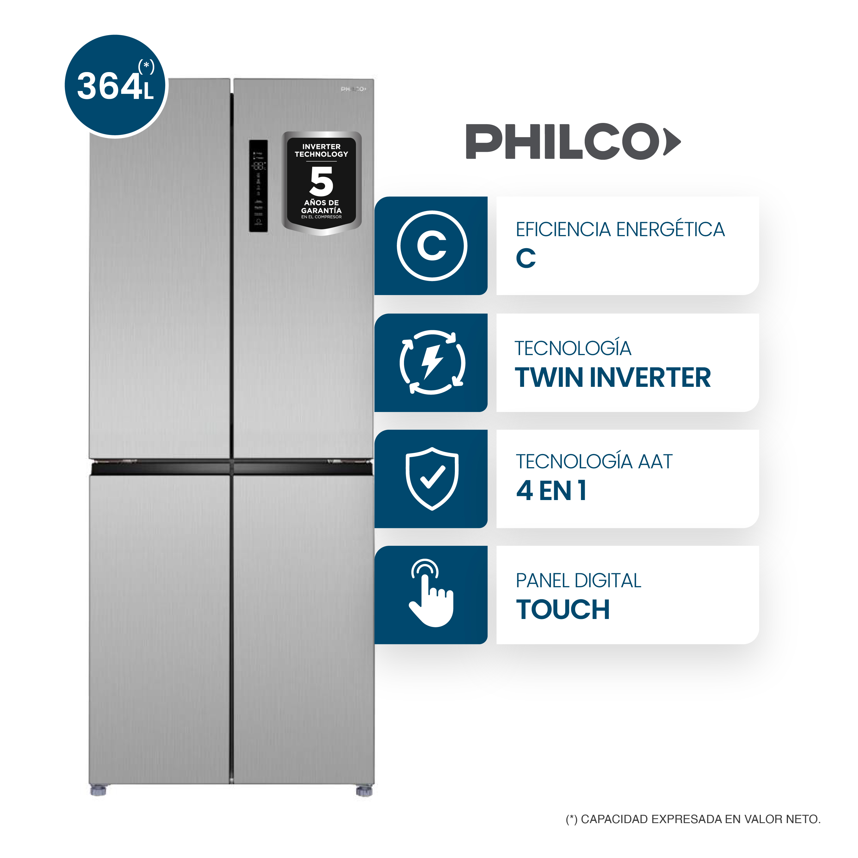 HELADERA PHILCO CROSS DOOR NO FROST INVERTER INOX - NPHSM364XTI